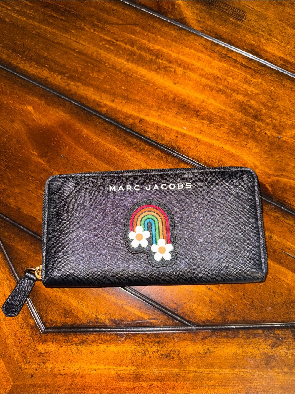 Marc Jacobs Black Zip-Around Wallet with Rainbow Daisy Patch
